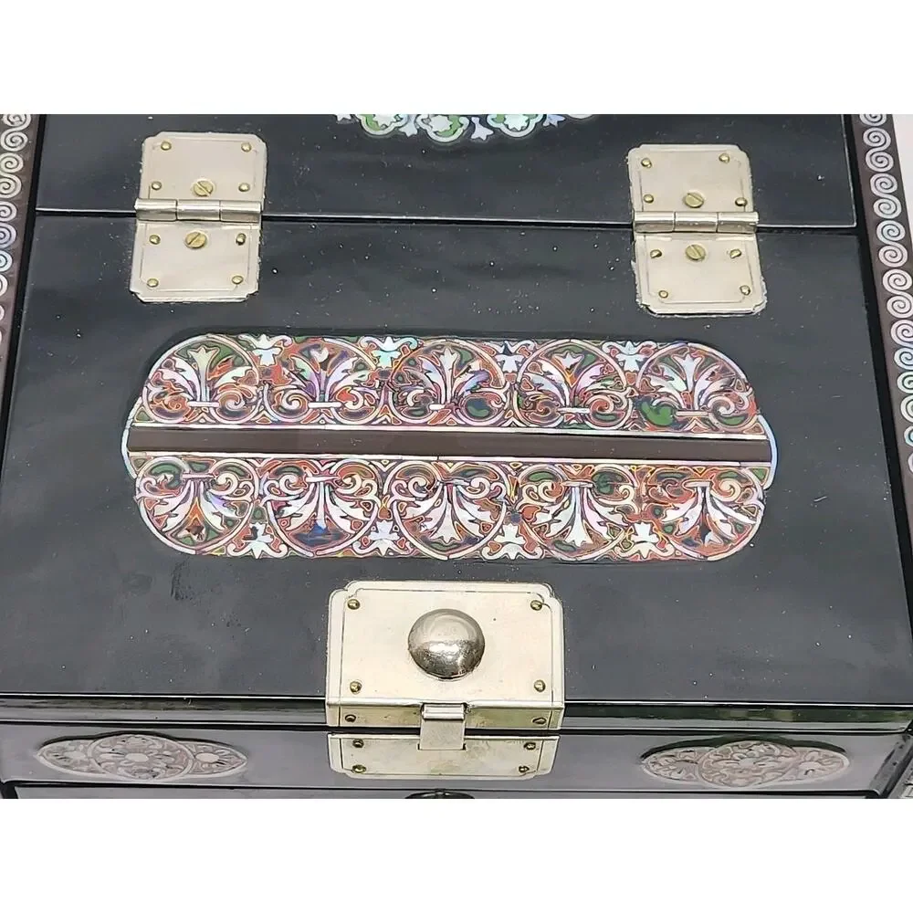 1950s Black Lacquered Wood & Mother Of Pearl Inlayed Small Dressing Box 11 x 7.5